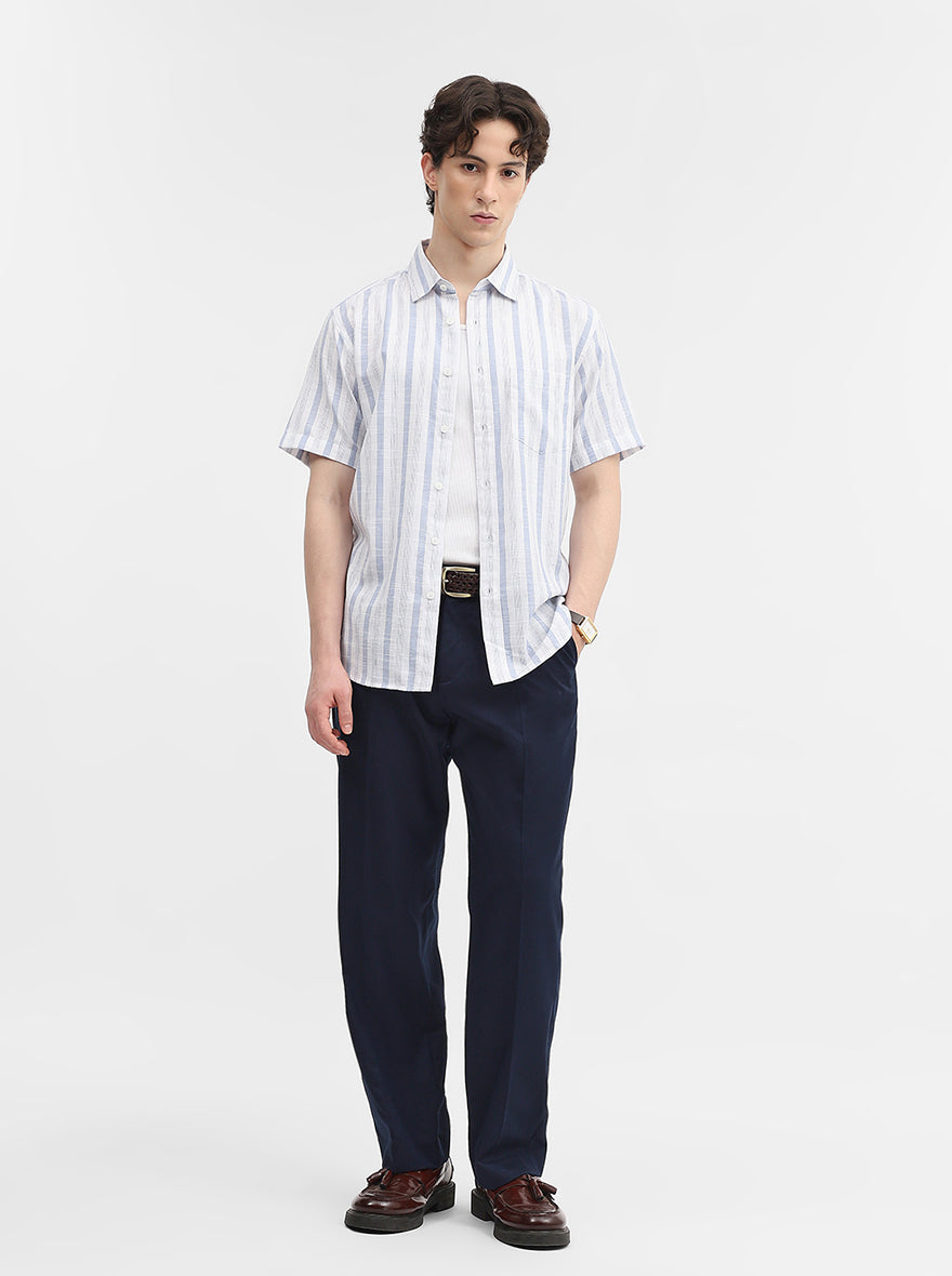 Blue & White Striped Slim Fit Casual Shirt | Greenfibre