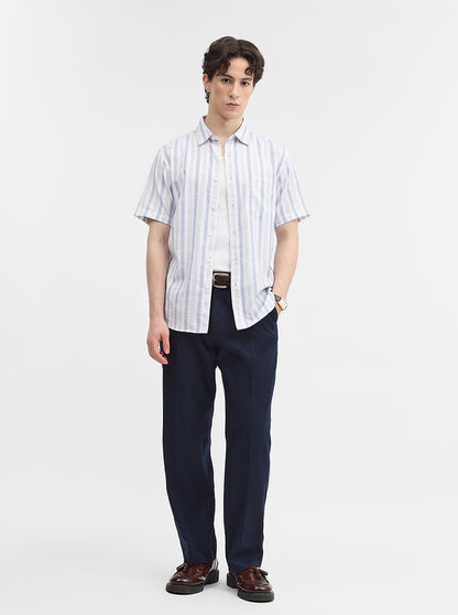 Blue & White Striped Slim Fit Casual Shirt | Greenfibre