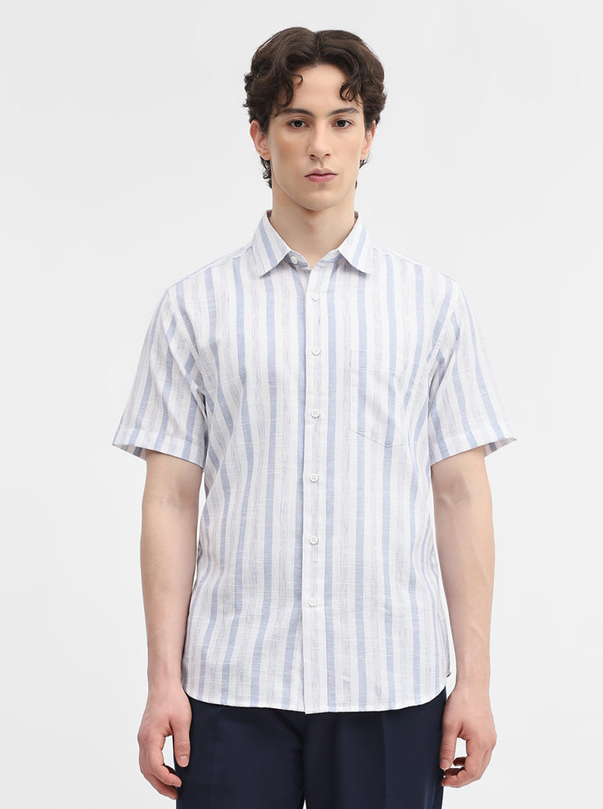 Blue & White Striped Slim Fit Casual Shirt | Greenfibre
