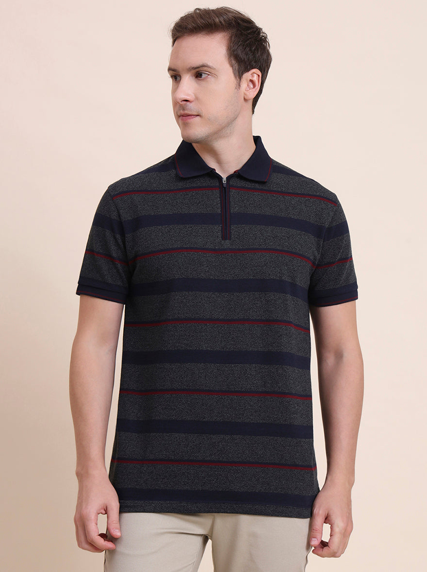 Dark Grey & Navy Blue Striped Slim Fit Polo T-Shirt | JadeBlue