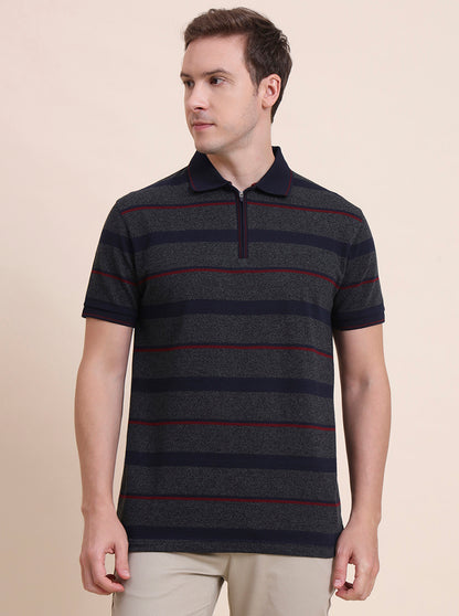Dark Grey & Navy Blue Striped Slim Fit Polo T-Shirt | JadeBlue