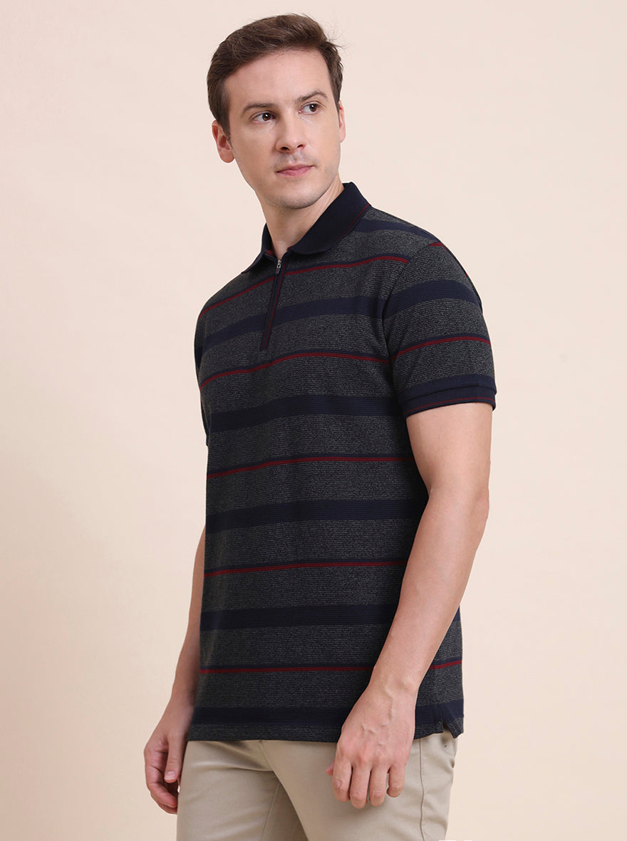 Dark Grey & Navy Blue Striped Slim Fit Polo T-Shirt | JadeBlue
