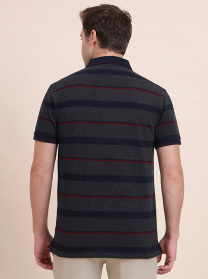 Dark Grey & Navy Blue Striped Slim Fit Polo T-Shirt | JadeBlue