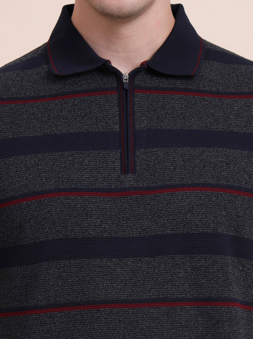 Dark Grey & Navy Blue Striped Slim Fit Polo T-Shirt | JadeBlue