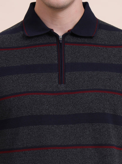 Dark Grey & Navy Blue Striped Slim Fit Polo T-Shirt | JadeBlue