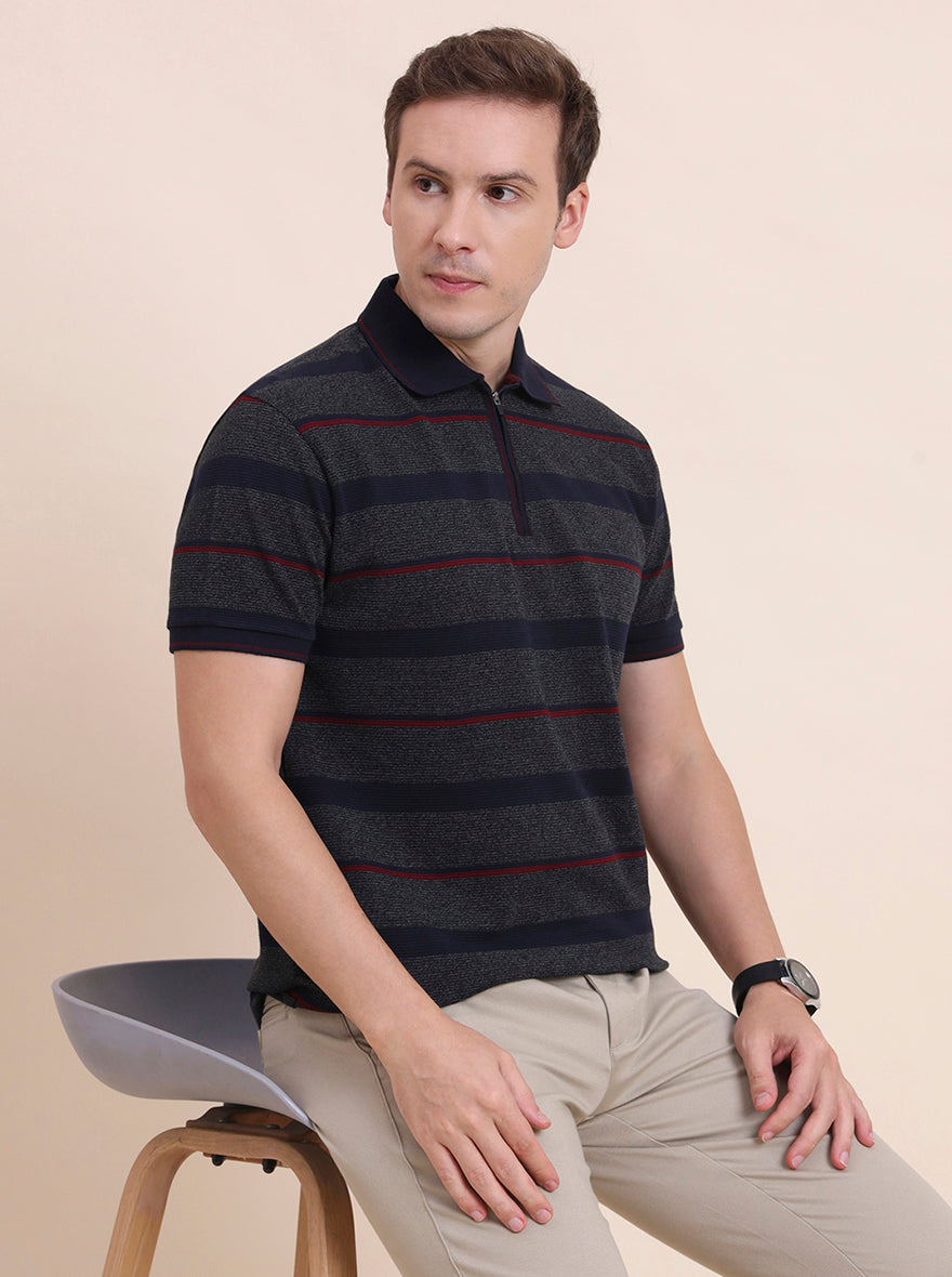 Dark Grey & Navy Blue Striped Slim Fit Polo T-Shirt | JadeBlue