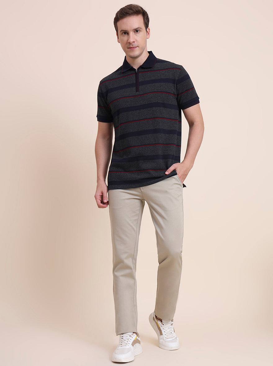 Dark Grey & Navy Blue Striped Slim Fit Polo T-Shirt | JadeBlue