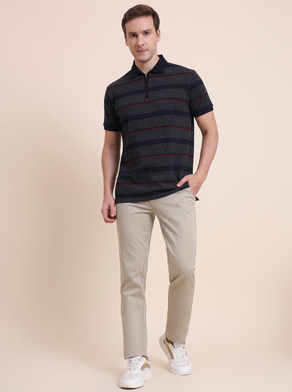 Dark Grey & Navy Blue Striped Slim Fit Polo T-Shirt | JadeBlue