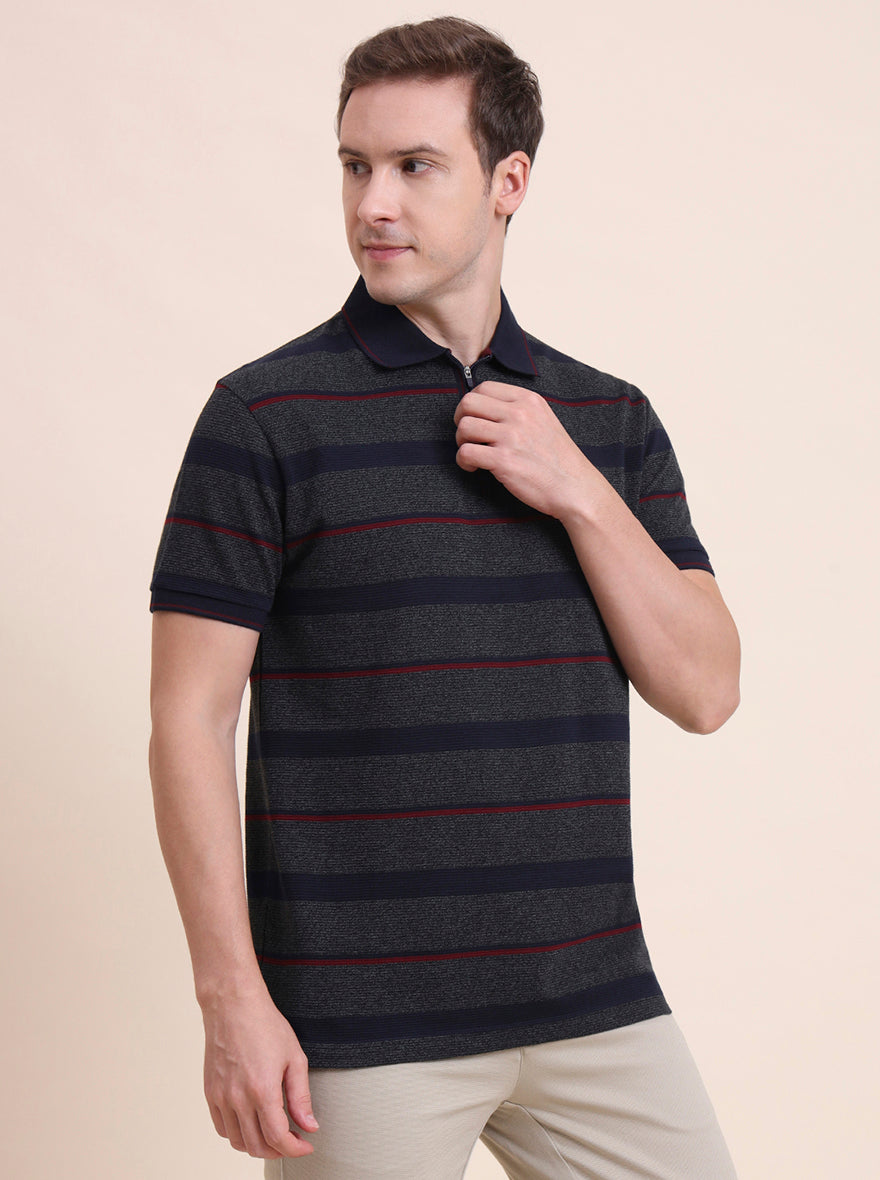 Dark Grey & Navy Blue Striped Slim Fit Polo T-Shirt | JadeBlue