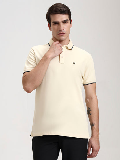 Cream Solid Slim Fit Polo T-Shirt | JadeBlue