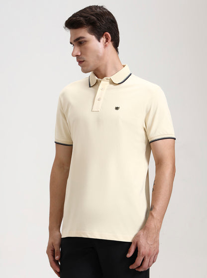 Cream Solid Slim Fit Polo T-Shirt | JadeBlue