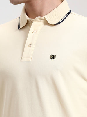 Cream Solid Slim Fit Polo T-Shirt | JadeBlue