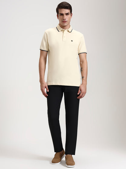 Cream Solid Slim Fit Polo T-Shirt | JadeBlue