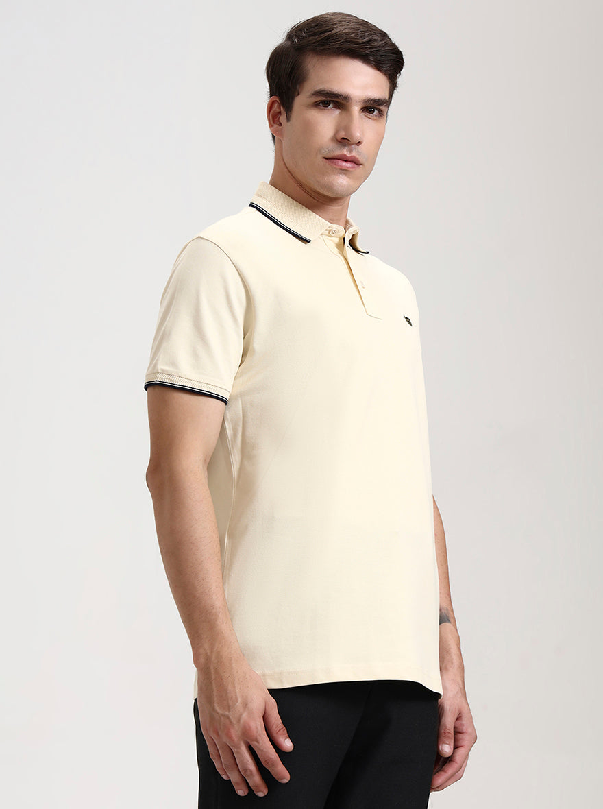 Cream Solid Slim Fit Polo T-Shirt | JadeBlue