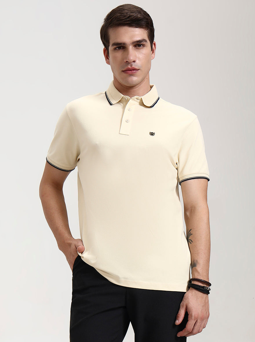 Cream Solid Slim Fit Polo T-Shirt | JadeBlue