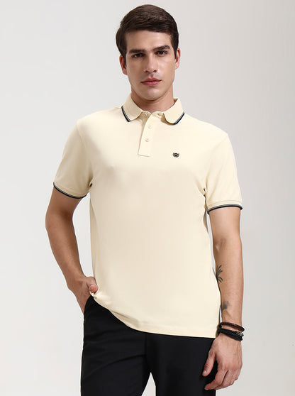 Cream Solid Slim Fit Polo T-Shirt | JadeBlue