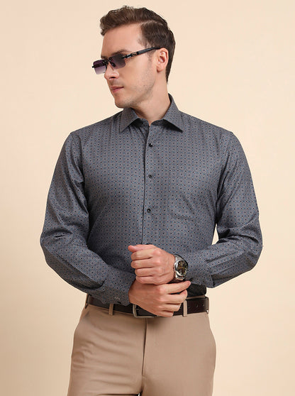 Grey & Blue Printed Regular Fit Formal Shirt | JadeBlue