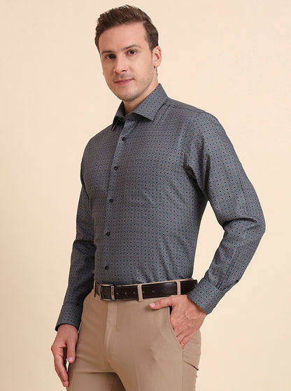 Grey & Blue Printed Regular Fit Formal Shirt | JadeBlue