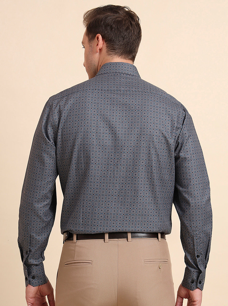 Grey & Blue Printed Regular Fit Formal Shirt | JadeBlue