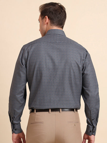 Grey & Blue Printed Regular Fit Formal Shirt | JadeBlue