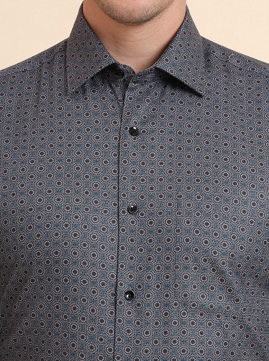 Grey & Blue Printed Regular Fit Formal Shirt | JadeBlue