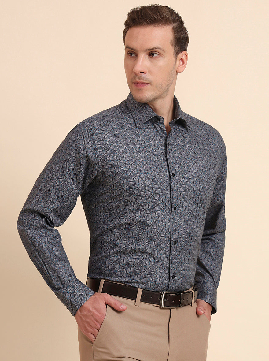 Grey & Blue Printed Regular Fit Formal Shirt | JadeBlue