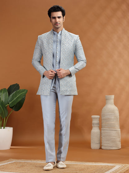 Sky Blue Self Texture Jodhpuri Suit | TULA
