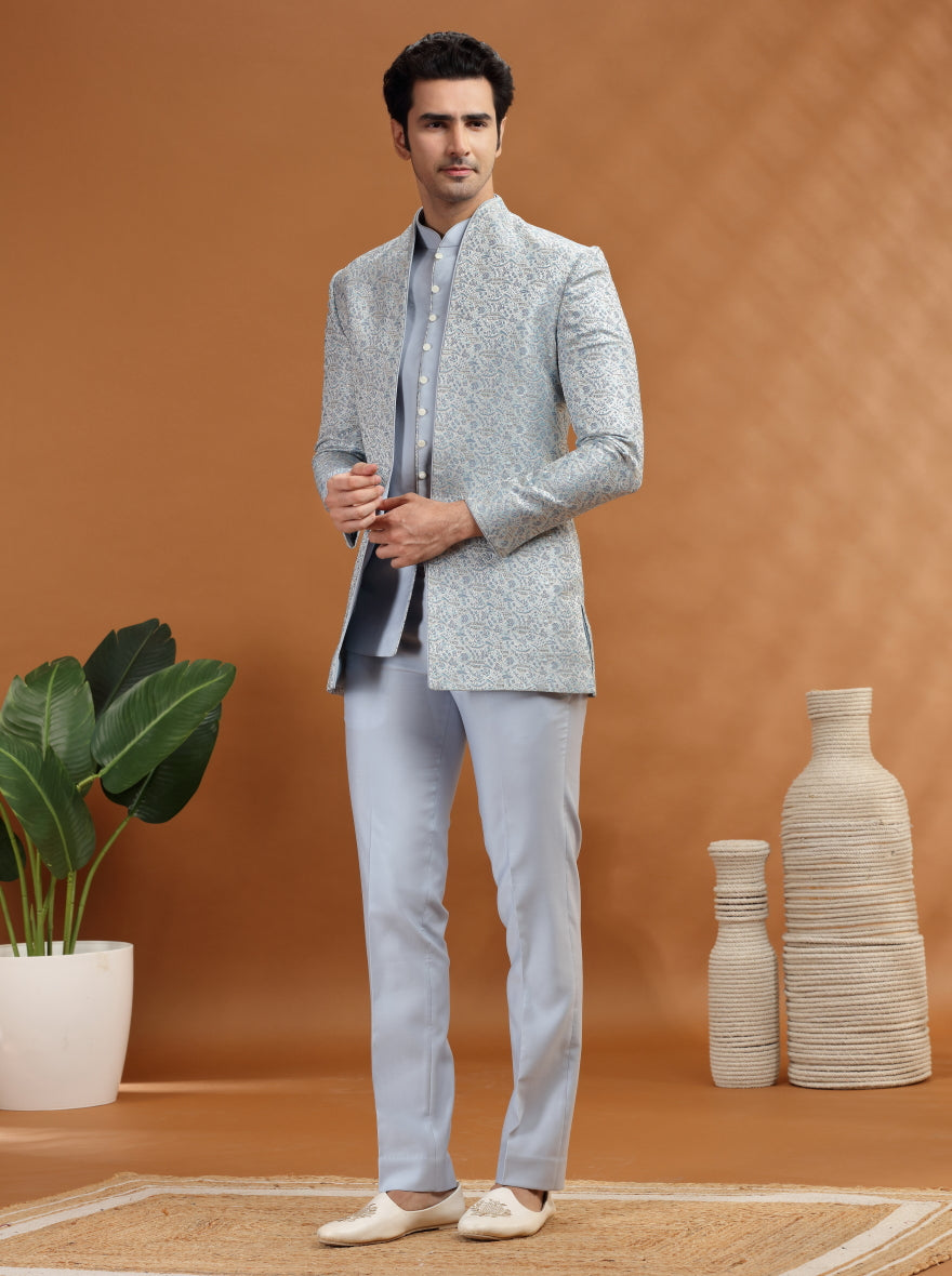 Sky Blue Self Texture Jodhpuri Suit | TULA