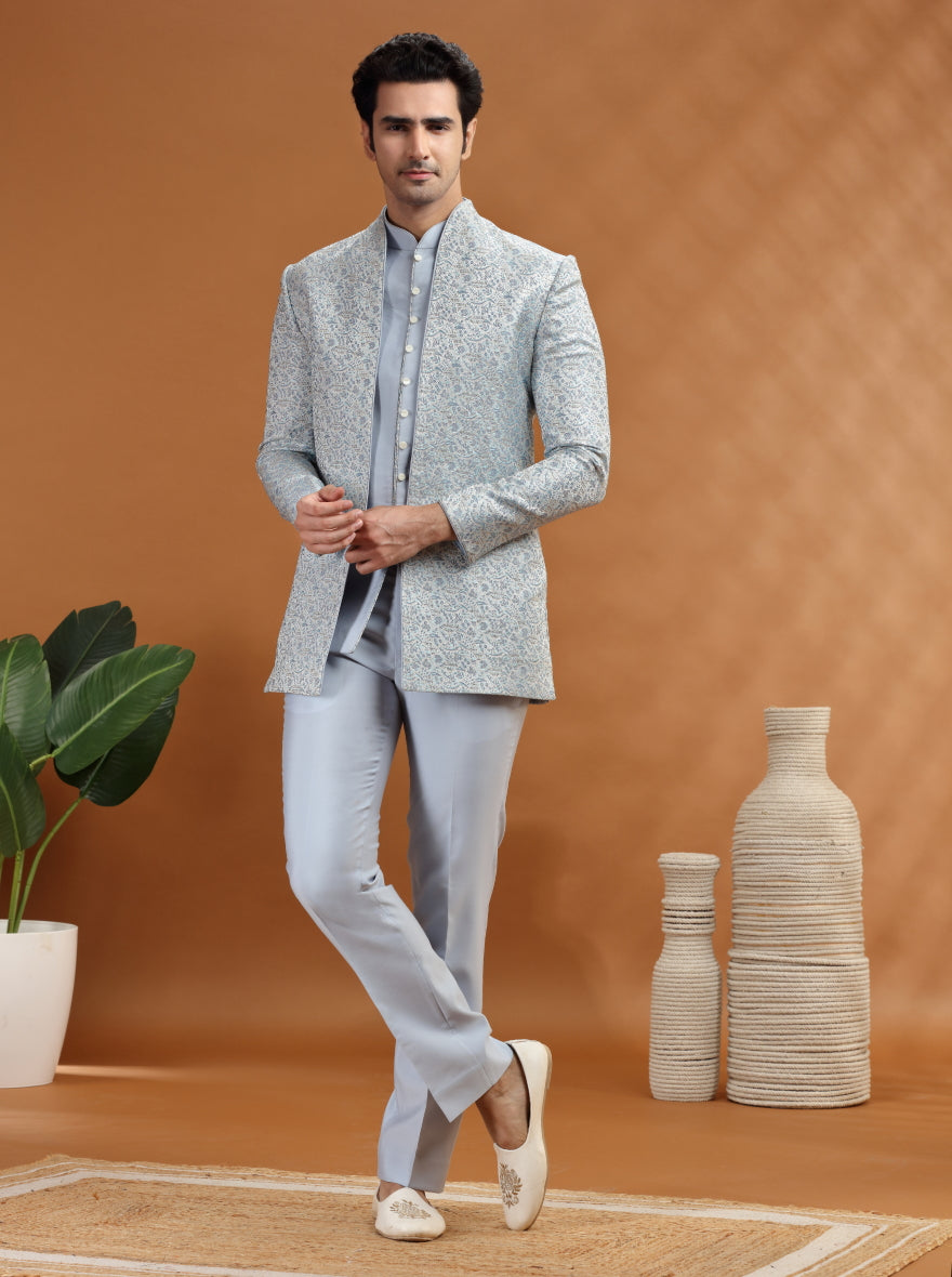 Sky Blue Self Texture Jodhpuri Suit | TULA