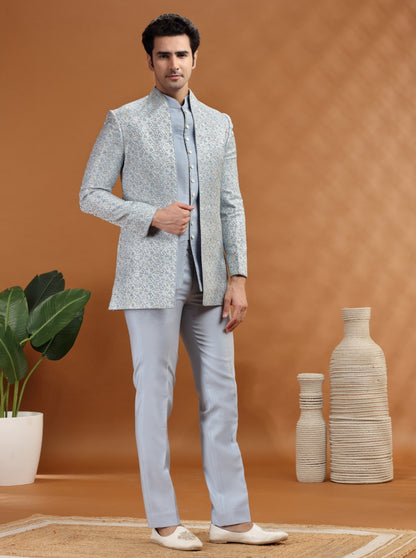Sky Blue Self Texture Jodhpuri Suit | TULA
