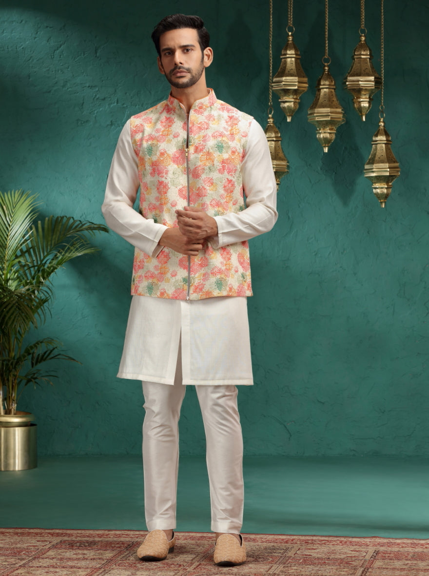Dusty Pink Printed Kurta Pajama with Koti | Virasana