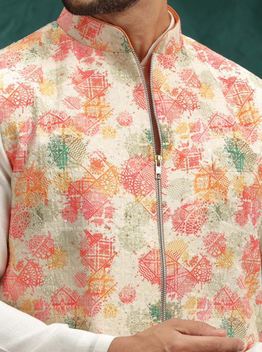Dusty Pink Printed Kurta Pajama with Koti | Virasana