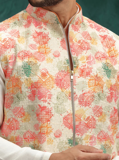 Dusty Pink Printed Kurta Pajama with Koti | Virasana