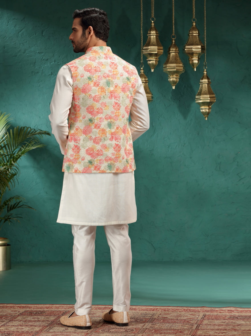 Dusty Pink Printed Kurta Pajama with Koti | Virasana