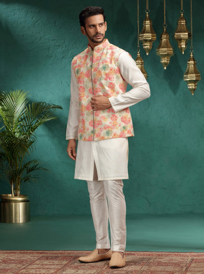 Dusty Pink Printed Kurta Pajama with Koti | Virasana