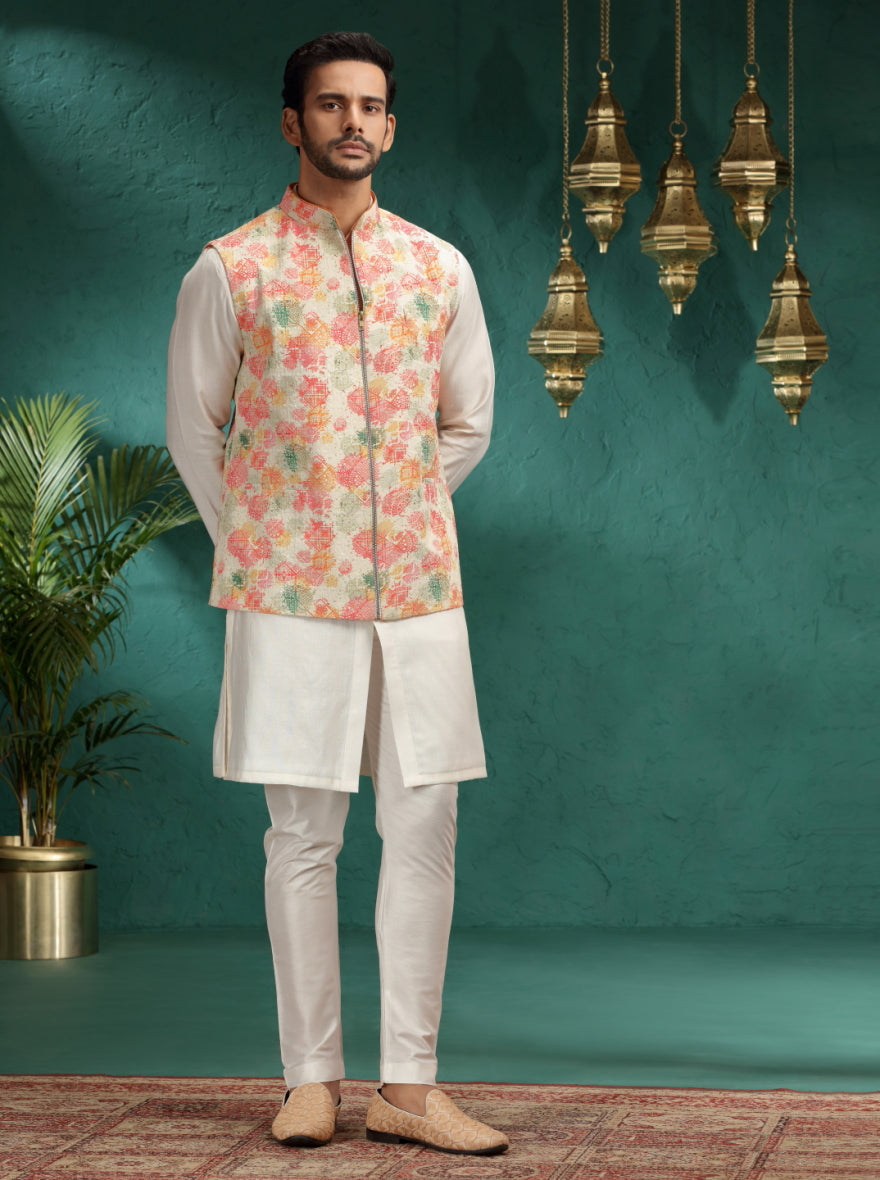 Dusty Pink Printed Kurta Pajama with Koti | Virasana