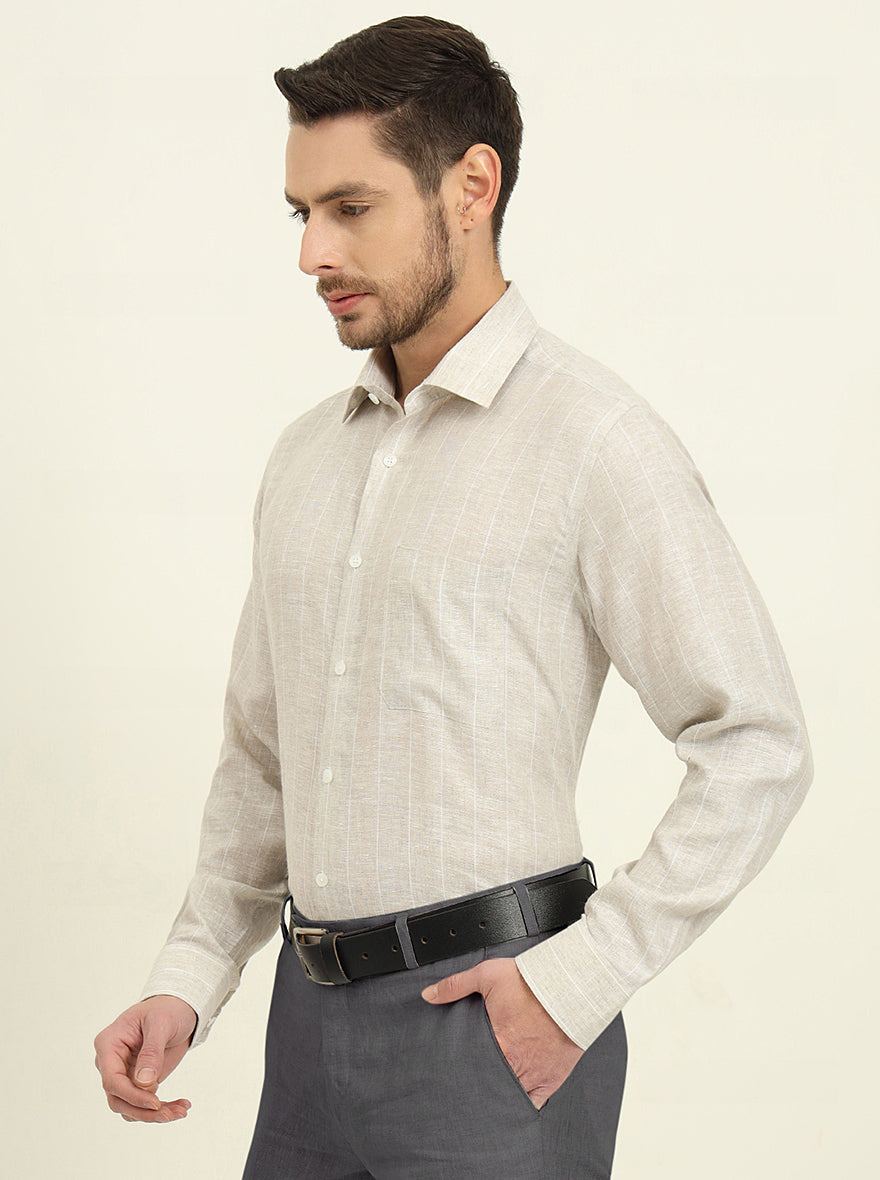 Natural Grey & White Striped Regular Fit Formal Shirt | JadeBlue