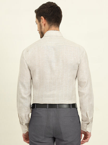 Natural Grey & White Striped Regular Fit Formal Shirt | JadeBlue