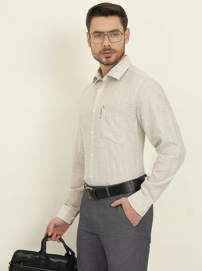Natural Grey & White Striped Regular Fit Formal Shirt | JadeBlue