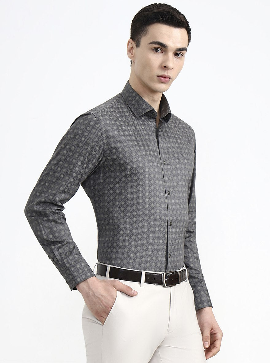 Dark Grey Printed Slim Fit Party Wear Shirt | Greenfibre
