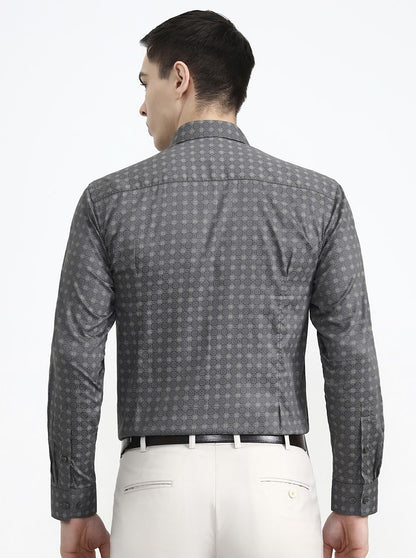 Dark Grey Printed Slim Fit Party Wear Shirt | Greenfibre