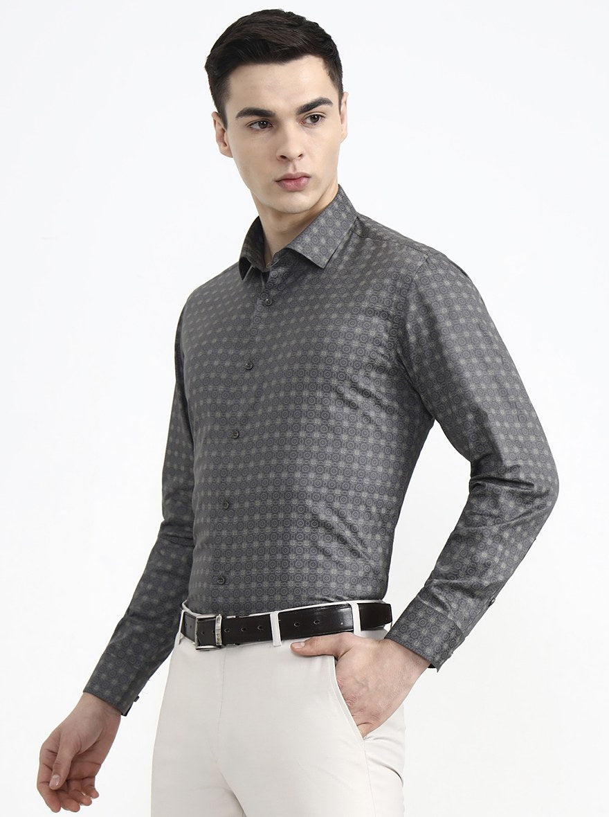 Dark Grey Printed Slim Fit Party Wear Shirt | Greenfibre