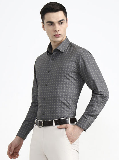 Dark Grey Printed Slim Fit Party Wear Shirt | Greenfibre