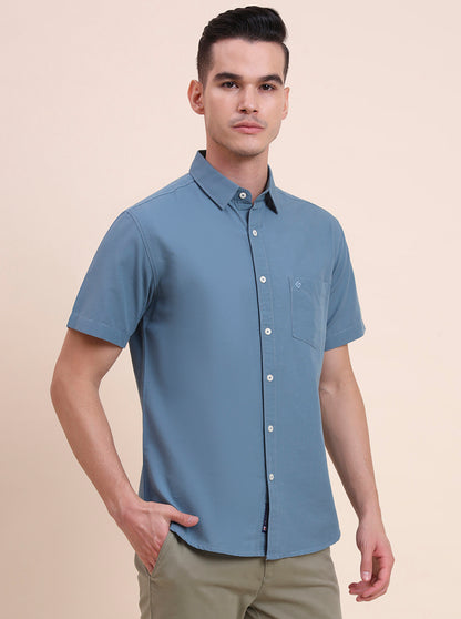 Dark Blue Solid Slim Fit Casual Shirt | Greenfibre