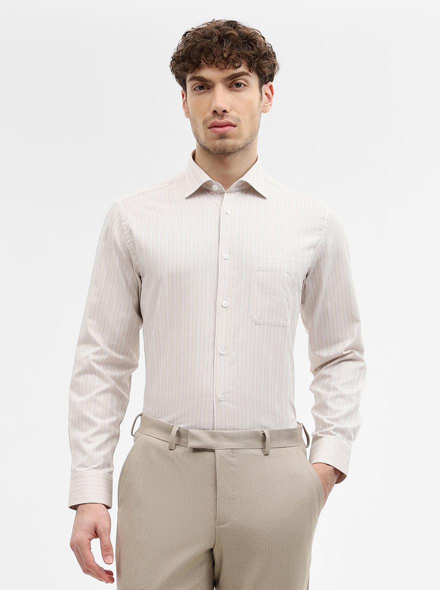 Cream Striped Regular Fit Formal Shirt | JadeBlue
