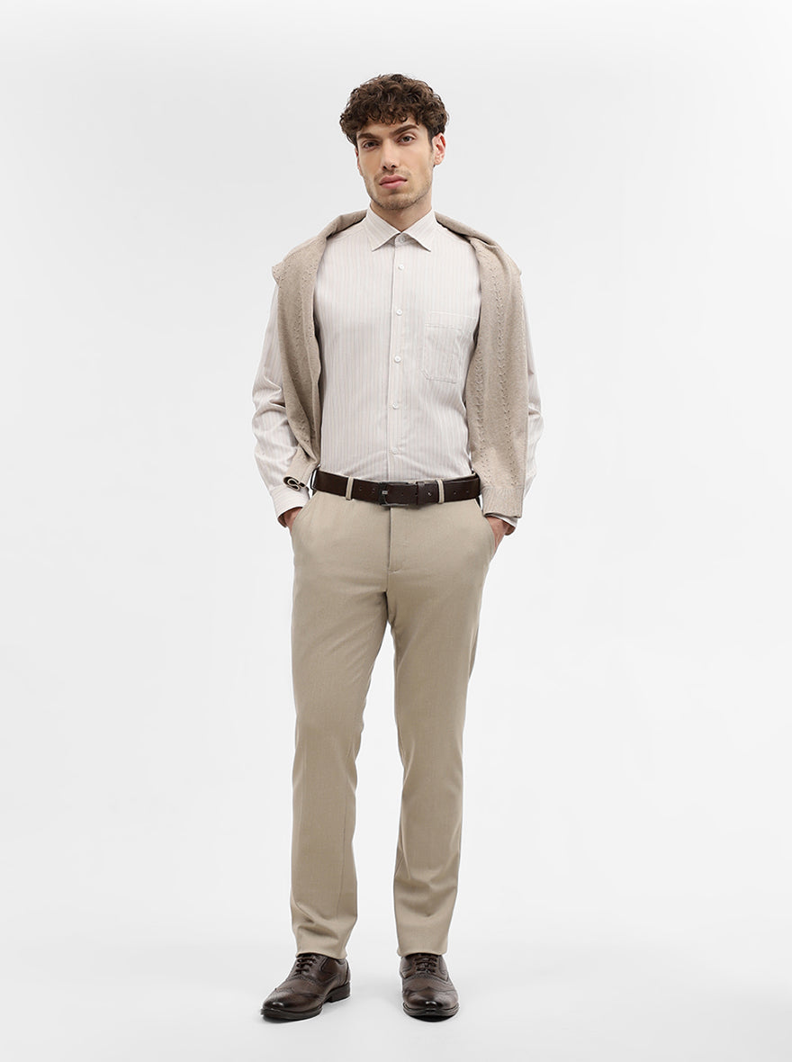 Cream Striped Regular Fit Formal Shirt | JadeBlue