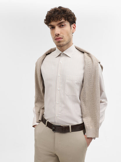 Cream Striped Regular Fit Formal Shirt | JadeBlue