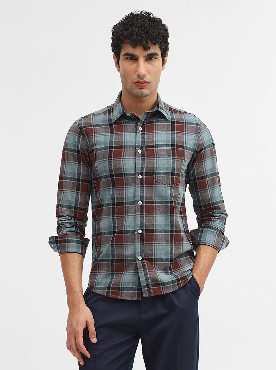 Green & Brown Checked Slim Fit Casual Shirt | Greenfibre