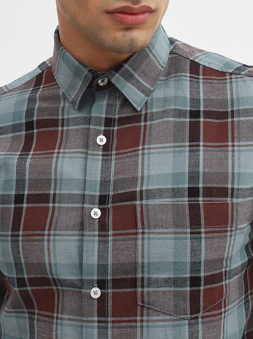 Green & Brown Checked Slim Fit Casual Shirt | Greenfibre