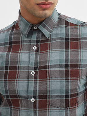 Green & Brown Checked Slim Fit Casual Shirt | Greenfibre